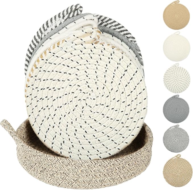 Hot Pads for Quartz Countertops with Storage Basket | 6-Pack 8-Inch Cotton Trivets for Hot Dishes & Pots | Machine Washable Farmhouse Kitchen Decor