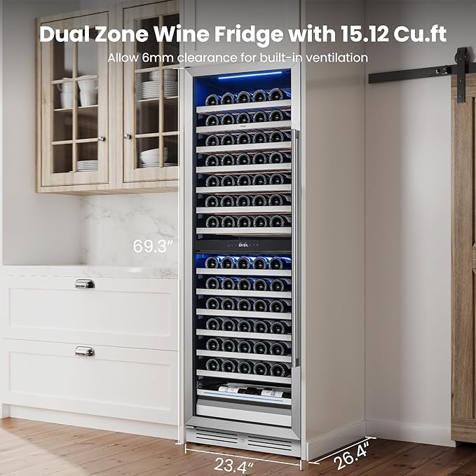 Yeego 24 Inch Wine Fridge Cooler - 154 Bottles Dual Zone Wine Cooler with Glass Door, 40-65℉ Built-In or Freestanding Wine Refrigerator with Lock and 2 Color LED for Kitchen Bar Office (Left-Hinged)