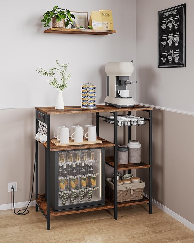 VASAGLE Baker's Rack, Coffee Bar Stand with Charging Station, 35.6 Inches Tall, Storage Shelves, Pull-Out Wire Basket, Table for Microwave, Kitchen, Rustic Brown and Ink Black UKKS036K01