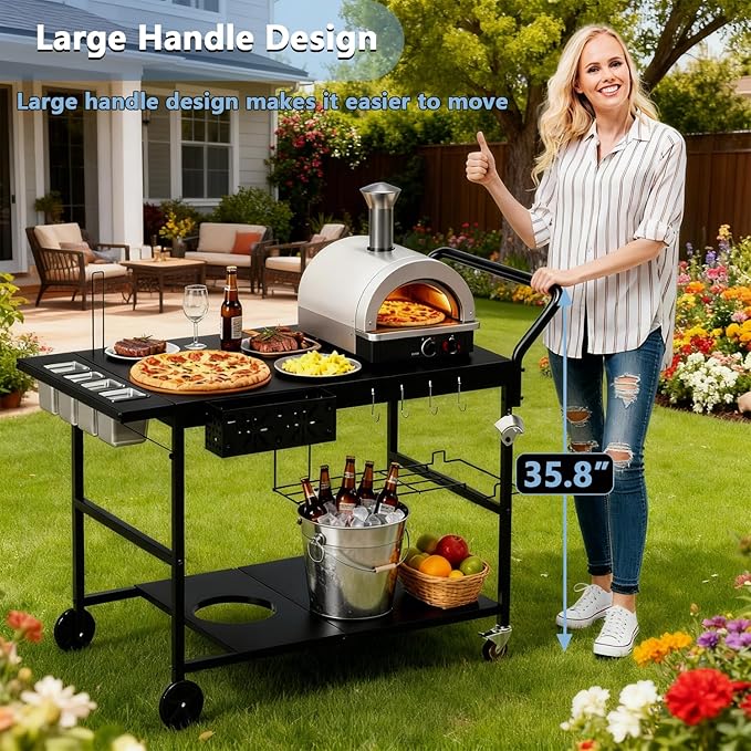 Pizza Oven Stand Table with Propane Storage, Outdoor Grill Carts with Wheels, Use for Outdoor Cooking BBQ, Fits Blackstone Griddle, Metal Black Large Size 47 * 27.5 Inch.