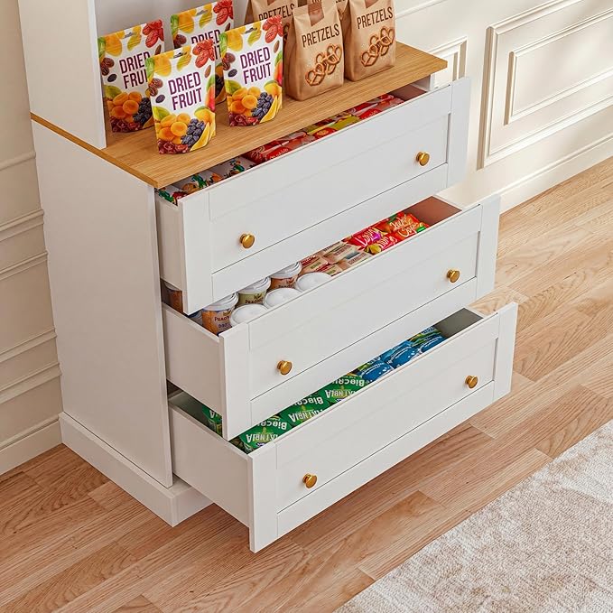71" Farmhouse Kitchen Pantry Cabinet Set of 3, White Freestanding Coffee Bar Hutch with Glass Doors, Drawers & Adjustable Shelves, Large Storage Cabinet with Microwave Stand for Kitchen