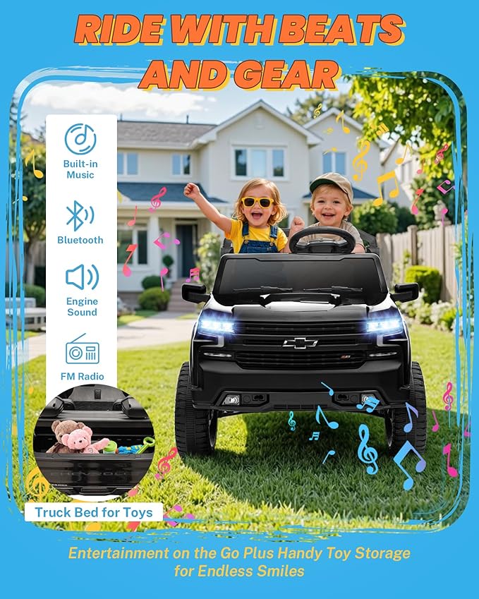 ENYOPRO 24V Ride on Toys, Licensed Chevrolet Silverado LT Trail Boss 2 Seater Ride on Car for Kids, Toddler Electric Car w/Remote Control, Safety Belt, Truck Bed Storage, LED Lights, Bluetooth, Black