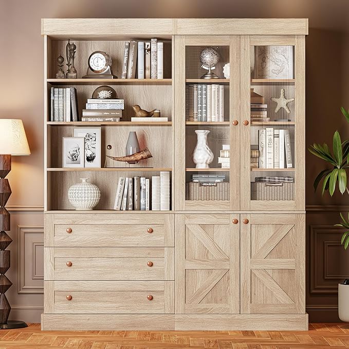 Vyre 71" Tall Farmhouse Kitchen Pantry, Large Storage Cabinets with Glass Doors, Hutch Cabinet with 3 Drawers & Adjustable Shelves for Living Room & Dining Room, Brown