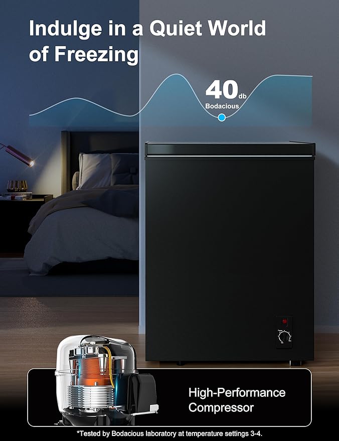 3.5 Cu.Ft Compact Chest Freezer, Energy Saving (0.36kWh/24H) & Ultra-Quiet (<40dB), with Removable Basket, 6-Temp, Manual Defrost Drain, Top Open Door Deep Freezer for Apartment, Dorm, Kitchen, Black
