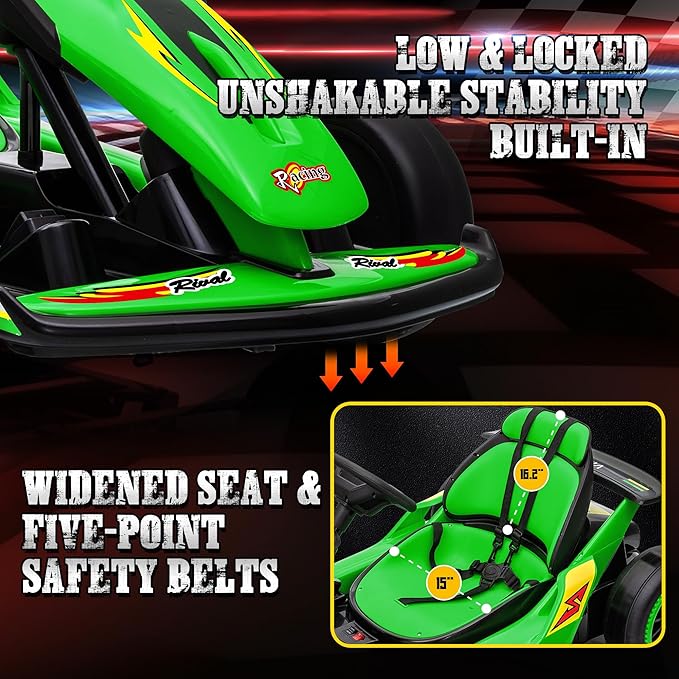 24V Electric Go Kart for Kids, Drift Kart with 400W Motors, EVA Tires, Max Speed 8.1 MPH, Music, Wireless, Electric Drifting Cart Outdoor Ride on Toy for Kids Ages 6+ (Green)