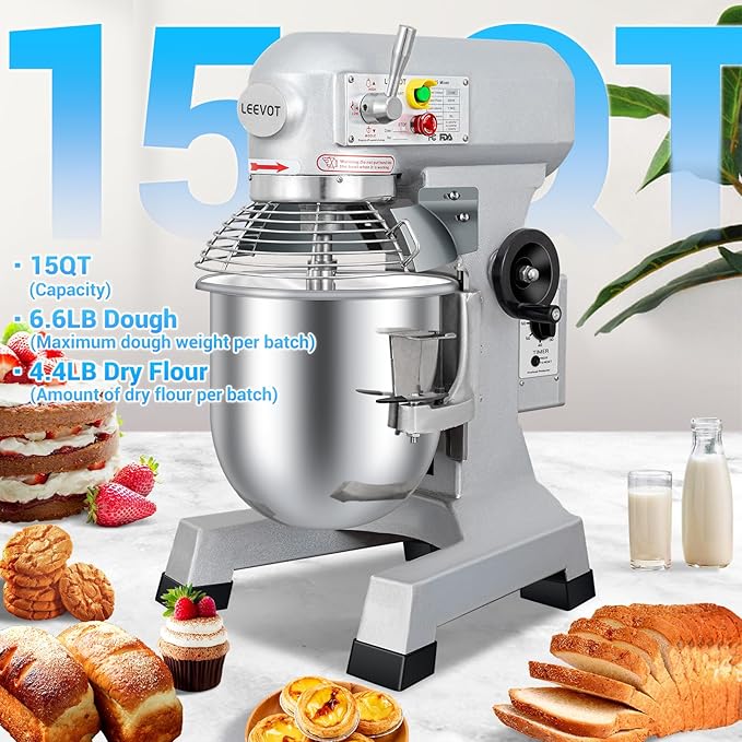 Commercial Mixer 15 QT by LEEVOT – Electric Food Mixers with Timing Function, Heavy Duty 3-Speed Dough Mixer for Baking, Pizza Dough, Bakery, Restaurant & Home Kitchen