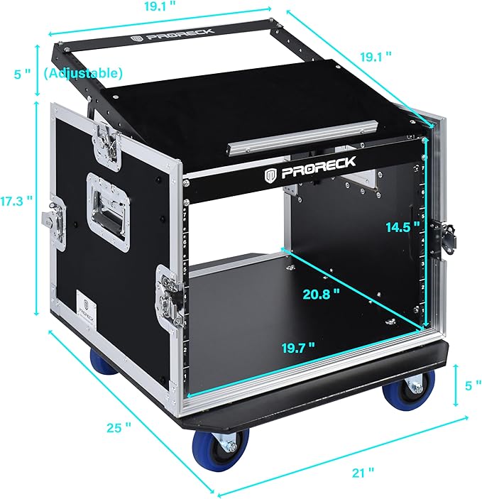 PRORECK 8U Rack/Road Case With Slant Mixer Top, And Casters, 20'' Rackable Depth, Plywood, 8U Installation Size, Pro Stage Performance.