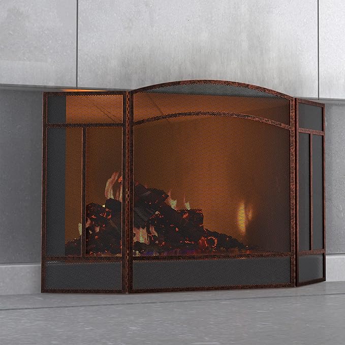 Fire Beauty Fireplace Screen 3 Panel Wrought Iron 48"(L) x 29"(H) Spark Guard Cover(Brushed Copper)