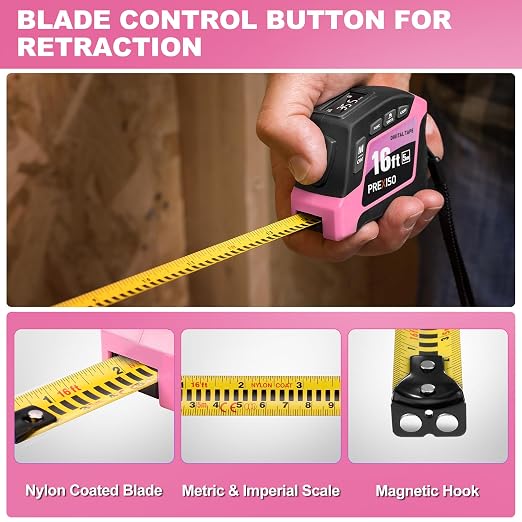PREXISO 2-in-1 Digital Tape Measure, 16Ft Pink Digital Measuring Tape - Image 3