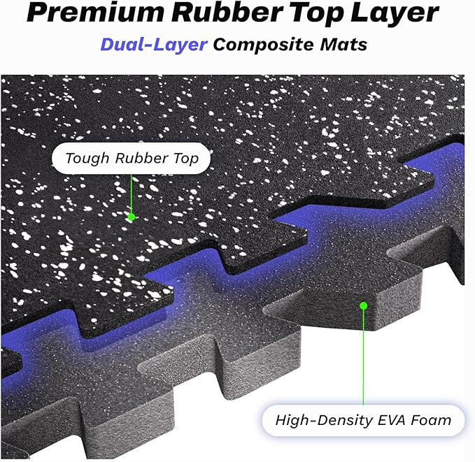 AIRHOP 0.56in Thick 24 Sq Ft Exercise Equipment Mats, 6 Tiles Upgraded Rubber Top with High Density EVA Foam, Large Interlocking Puzzle Gym Flooring for Home Gym, Heavy Weight Workout, 24 x 24in