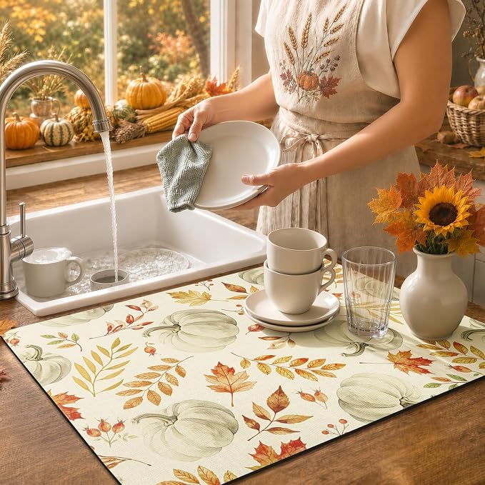 LOKHOM 12"x20" Fall Dish Drying Mat，Autumn Harvest White Pumpkin Leaves | - Image 4