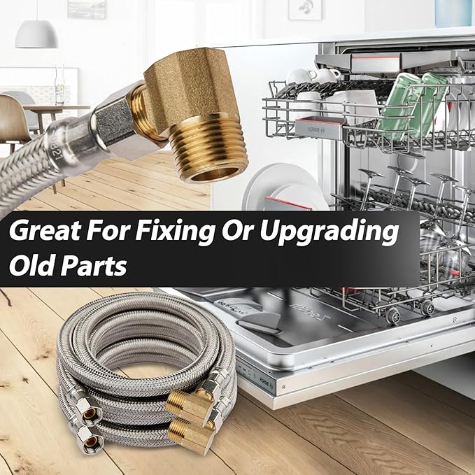1 Pack Foskan 4FT Stainless Steel Dishwasher Hose With 3/8" Comp x 3/8" MIP 90° Elbow,Flexible Water Line Connector for Standard Dishwashers(HOSE059)