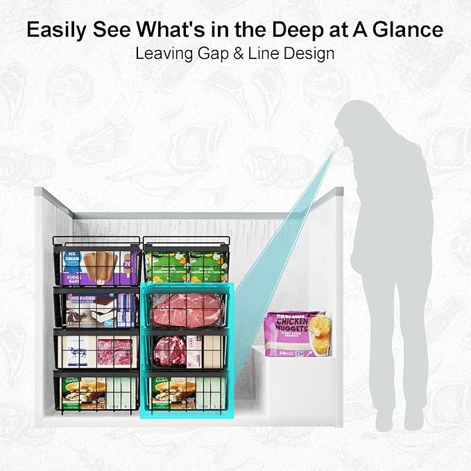 iSPECLE 4 Pack Freezer Organizer Bins, Adjustable Wire Baskets for 10 to 20 Cu.Ft Chest Freezer, Stackable Storage with Handles, Deep Freeze Organizer for Meat & Vegetables, Black