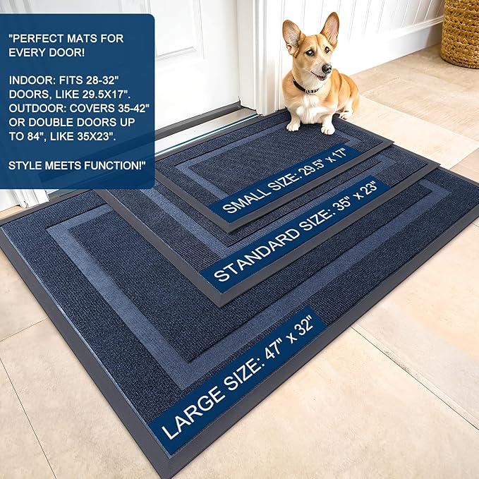 OLANLY Front Door Mat Indoor Outdoor Entrance, Waterproof All-Season, All-Weather Doormat, Sturdy Natural Rubber, Fade Resistant, Low Profile, Easy Clean Patio Porch Entryway Mat, 47x30, Blue