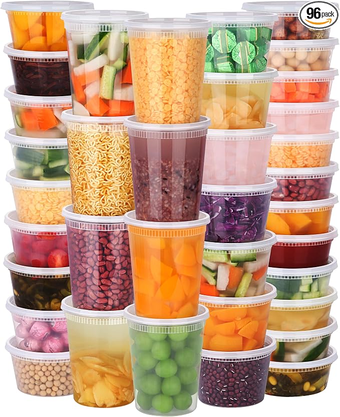 96 Pack Deli Containers with Lids, 32/16/12/8 oz X 24 Set Each | Leak-Proof & by NESCCI