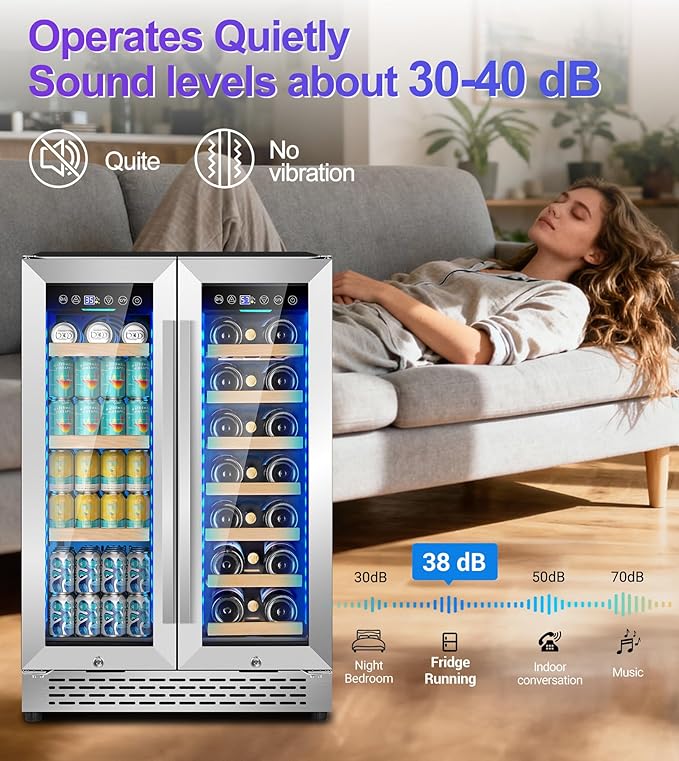3 LED Wine and Beverage Refrigerator, 90 Can & 21 Bottle Dual Zone Stainless-Steel Wine Beverage Cooler, 24 Inch Built-In or Freestanding Wine and Drink Fridge Fast Cooling for Home/Kitchen