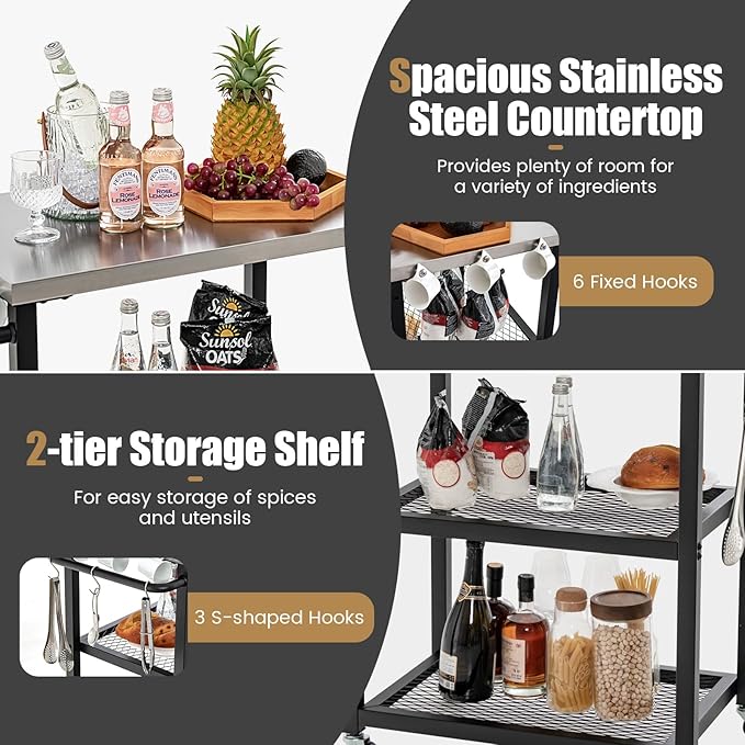 Giantex Outdoor Grill Cart - Movable Pizza Oven Stand with Stainless Steel Top, 2 Storage Shelves, 9 Hooks, Food Prep Cooking Table with Lockable Wheels, Dinning Serving Cart for Kitchen BBQ Party