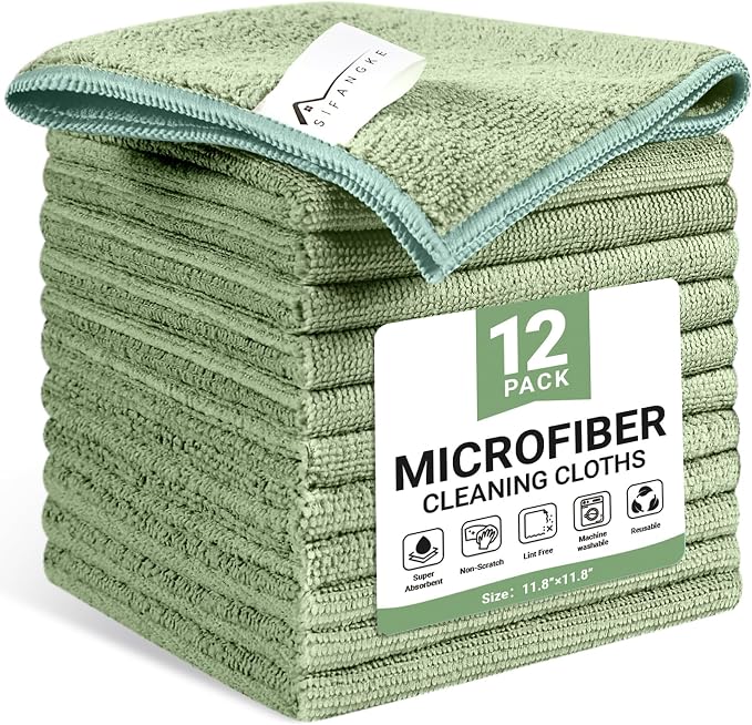 SIFANGKE Microfiber Cleaning Cloth, 12 Pack Green Cleaning Rags by Unknown