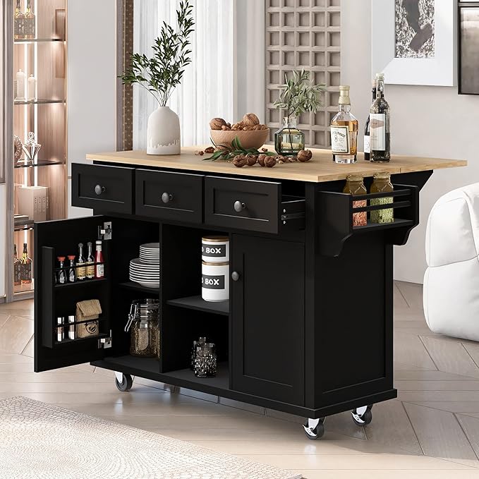 Merax Mobile Kitchen Island Cart Cabinet with Door Internal Storage Racks, 3 Drawers and 5 Rolling Wheels for Dining Room