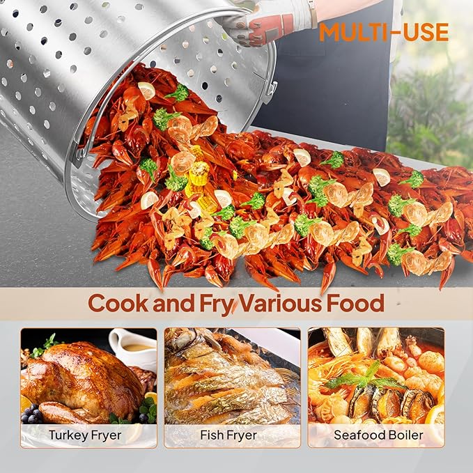 ROVSUN 80QT Turkey Fryer with Aluminum Boiler Steamer Basket & 150,000BTU Propane Burner, Outdoor Gas Deep Fryer & Seafood Crawfish Boil Pot Set with High Pressure Propane Regulator and Hose
