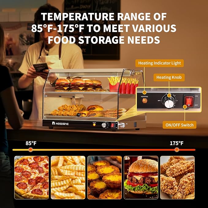 NEEDONE Commercial Food Warmer, Electric Pizza Food Heater Display Cabinet w/Adjustable Temperature, LED Lighting, Removable Racks, Countertop Pastry Display Case for Cafes, Buffet, Parties