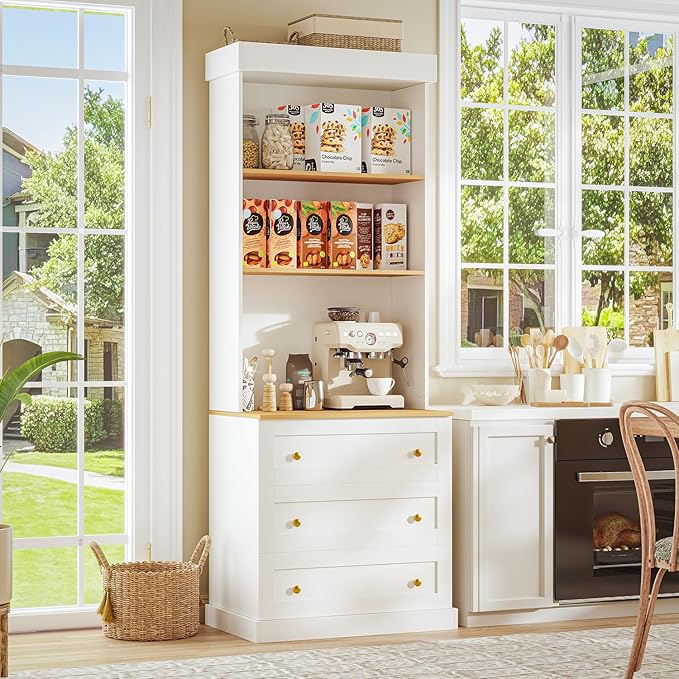 71" Tall Farmhouse Kitchen Pantry, Large Storage Cabinet with Drawers, Freestanding Coffee Bar Hutch with Microwave Stand, Adjustable Shelves for Kitchen, Living Room, White 4 Pcs