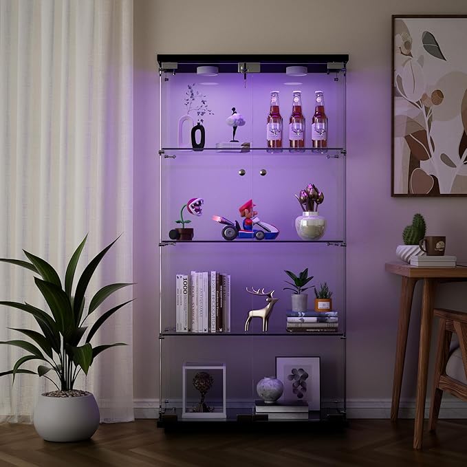 Yoluckea 4 Shelves Glass Display Cabinet with LED Light and 2 Doors,Floor Standing Clear Glass Curio Collection Display Cabinet for Living Room Bedroom 64.7” x 31.7” x 14.3” Black
