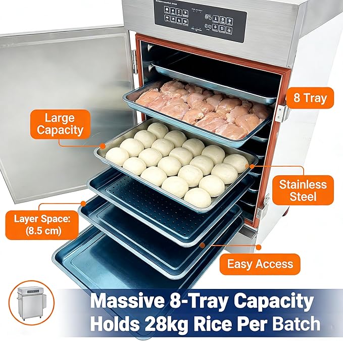 Commercial Electric Steaming Cabinet 8 Trays Intelligent Food Steamer Stainless Steel with Timer Appointment, Auto Water Refill, Anti-Dry for Restaurant/Canteen/Hotel Kitchen 220V 9KW 1PH