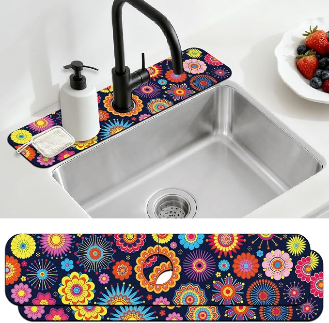 2 Pcs Kitchen Sink Splash Guard Faucet Mat Brilliant Floral Textures Faucet Mat by CONCHLERY%E6%97%97%E8%88%B0%E5%BA%97