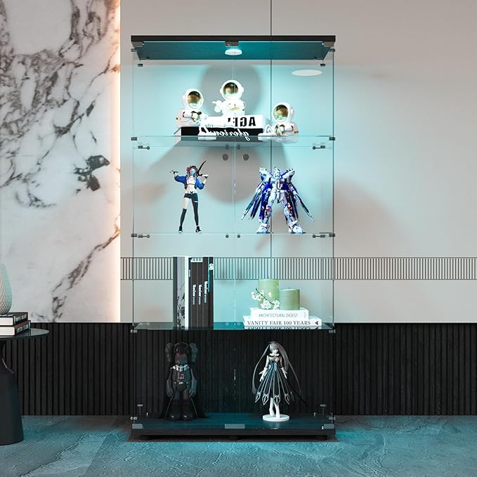 64.5" H 4-Shelf LED Lights Glass Display Cabinet with Double Door,Modern Curio Cabinet Collection Display Case,Floor Standing Bookshelf Glass Case with Lock for Living Room,Home Office (Black)