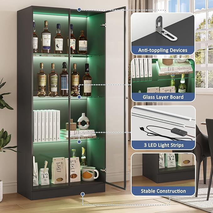 Display Cabinet with LED Lights - Set of 2, Glass Display Case with 3 Adjustable Shelves, Curio Cabinet with 2 Glass Doors, Storage for Collectibles, Living Room