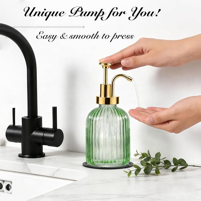 SheeChung 12oz Green Glass Liquid Soap Dispenser, 1 Pack | Elegant Hand Soap - Image 2