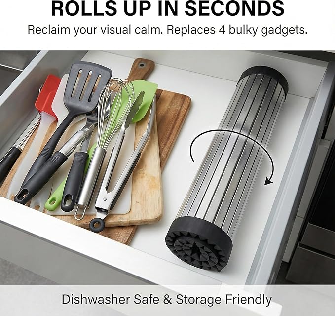 304 Stainless Steel Rollable Cutting Board – Space-Saving Over-the-Sink Workstation for RVs and Small Kitchens – Rust-Proof Heat Resistant Dishwasher Safe Non-Slip Multi-Use Prep Mat (17.8" L x 13" W)