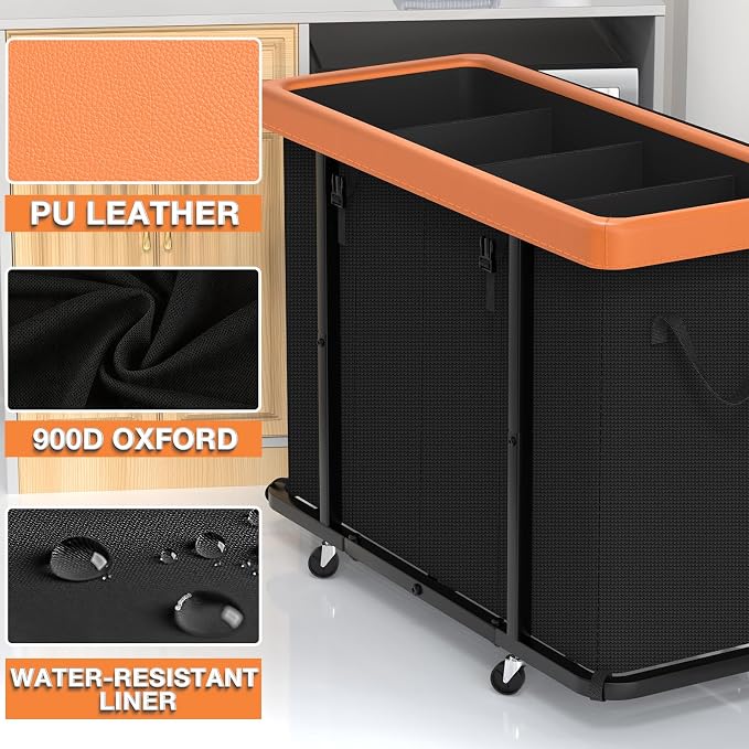 Laundry Basket with Wheels, 300L Leather Patchwork Laundry Sorter 4 Section - Image 2