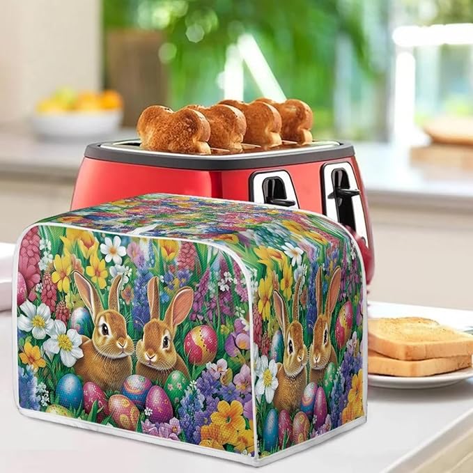 Easter Decor Toaster Cover 2 Slice Wide Slot Washable Bread Maker Covers Toaster Covers Kitchen Small Appliance Cover Stain Resistant,Easter Bunny Eggs Floral