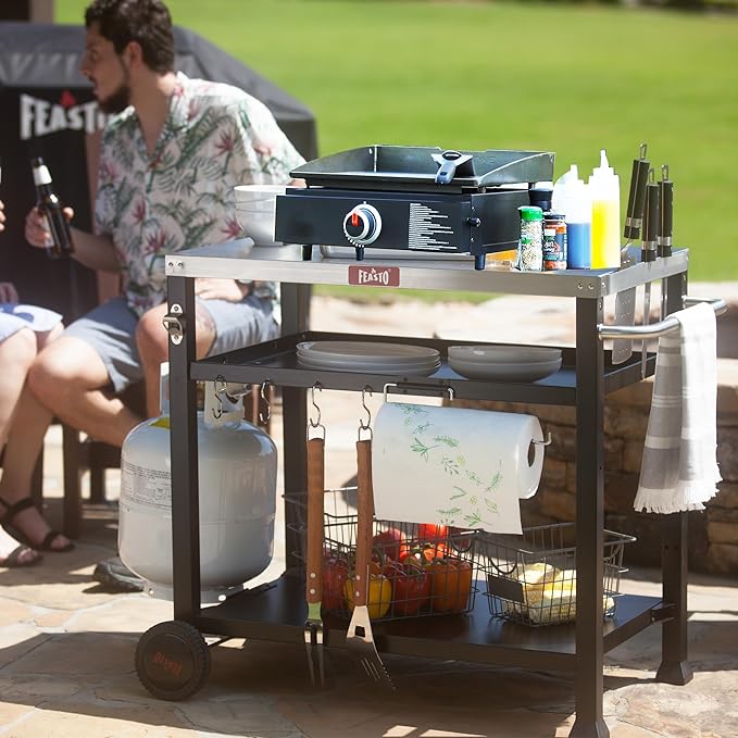 Three-Shelf Movable Food Prep and Work Cart Table, Home and Outdoor Multifunctional Stainless Steel Table Top Worktable on Two Wheels, L39.5''x W25.6''x H33'', Cover Included