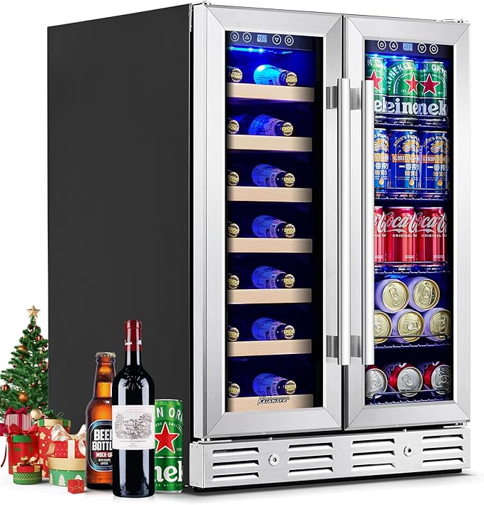 Kalamera 24 inch Wine Fridge Hold 21 Bottles and 75 Cans,Dual Zone Wine and Beverage Refrigerator,Built-In or Freestanding with Blue LED Light,for Home/Bar/Office