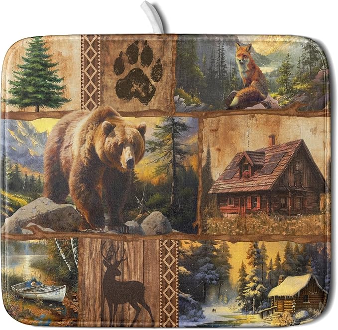 Bear Deer Fox Dish Drying Mat Rustic Cabin Lodge Dish Drainer Mats 16x18 Inch by Giwawa