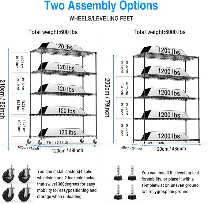 Wire Shelving Unit 5 Tier NSF Metal Shelf,6000lbs Capacity Heavy Duty Adjustable Storage Rack with Wheels & Shelf Liners for Commercial Grade Utility Steel Storage Rack, 82" H x 48" L x 24" D - Black