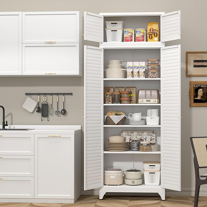 Kitchen Pantry Cabinet,90" Metal Storage Cabinet with Doors and 4 Adjustable Shelves,White Tall Locker Organizer Steel Garage Cabinets for Tool,File Cabinet for Office,Kitchen,Garage,School