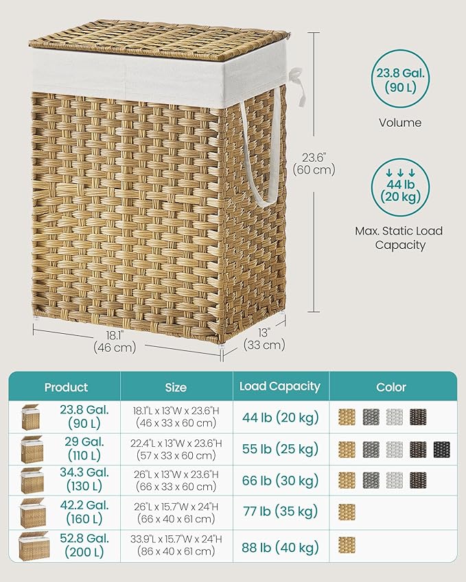 SONGMICS Laundry Hamper with Lid, 90L Double Wicker Basket, 6 Mesh Bags - Image 6