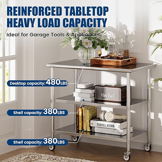 Stainless Steel Work Table with Wheels, 24x48 Inch NSF Kitchen Prep Table with 2 Adjustable Undershelves for Commercial Restaurant, Garage, Outdoor BBQ