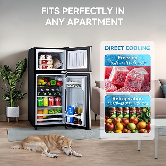 4.0 Cu.Ft Fridge with Freezer, Double Door Refrigerator with 6 Level Thermostat, LED Light, Adjustable Glass Shelves for Bedroom, Office, Dorm, Apartment, Silver