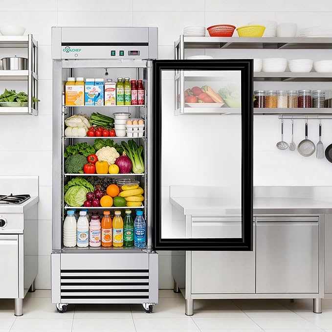 COOLCHEF 27" Commercial Glass Door Refrigerator, 23 Cu.Ft Single Door Reach-In Cooler, 33-40℉, Low-E Tempered Double Glass, 4 Shelves, R290