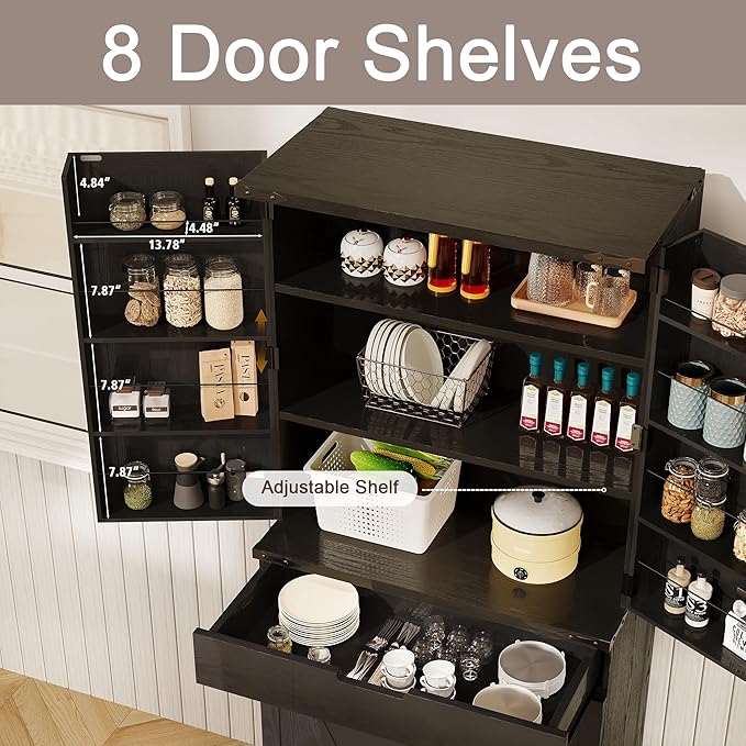 72" Tall Storage Cabinet, Kitchen Pantry Cabinet with Adjustable Shelves & Sturdy Steel Frame, Farmhouse Pantry Storage with 4 Barn Doors for Kitchen, Dining Room, and Living Room, Black