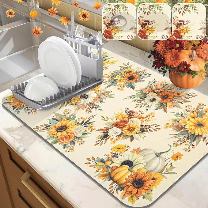 LOKHOM 18"x24" Fall Dish Drying Mat，Autumn Harvest Pumpkin Sunflower | by LOKHOM