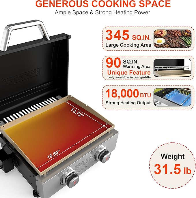 Brand-Man Propane Tabletop Griddle, 2-Burner Portable Flat Top Grill with Hood, Warming Rack & Adapter Hose - Supports 1 lb & 20 lb Gas Cylinders for Versatile BBQ Cooking, Camping, Home BBQ