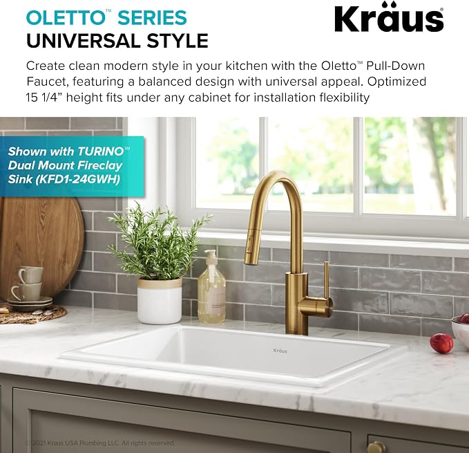 KRAUS Spot Free Brushed Brass Pull Down Kitchen Faucet KPF-2620BB | QuickDock - Image 2
