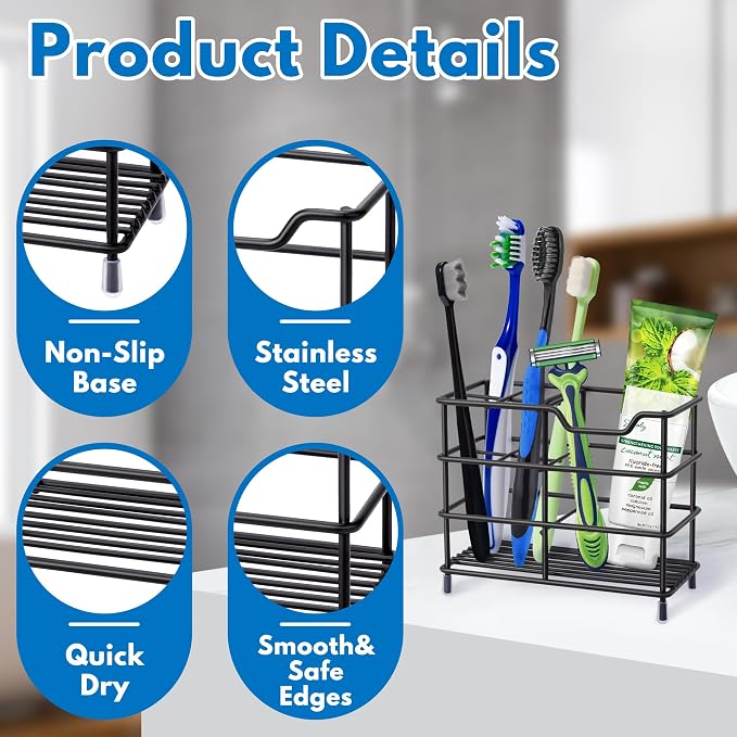 Toothbrush Holders for Bathrooms 304 Stainless Steel Quick Drying Black | - Image 7