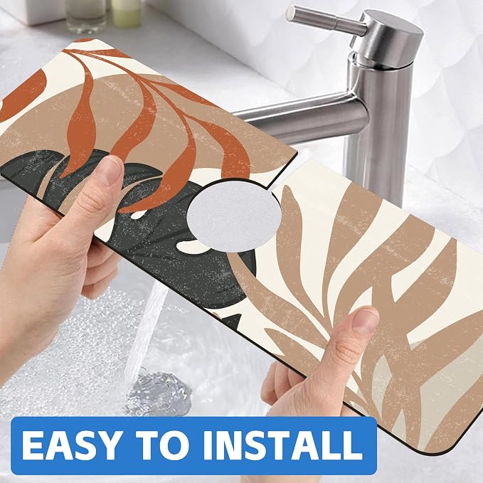 Mid Century Boho Leaves Kitchen Sink Splash Guard Absorbent Fast Drying Mat - Image 6